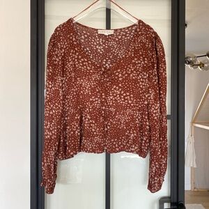 Hippie Rose Brown Floral Tie Front Ruffle Hem Peplum 100% Rayon Blouse L